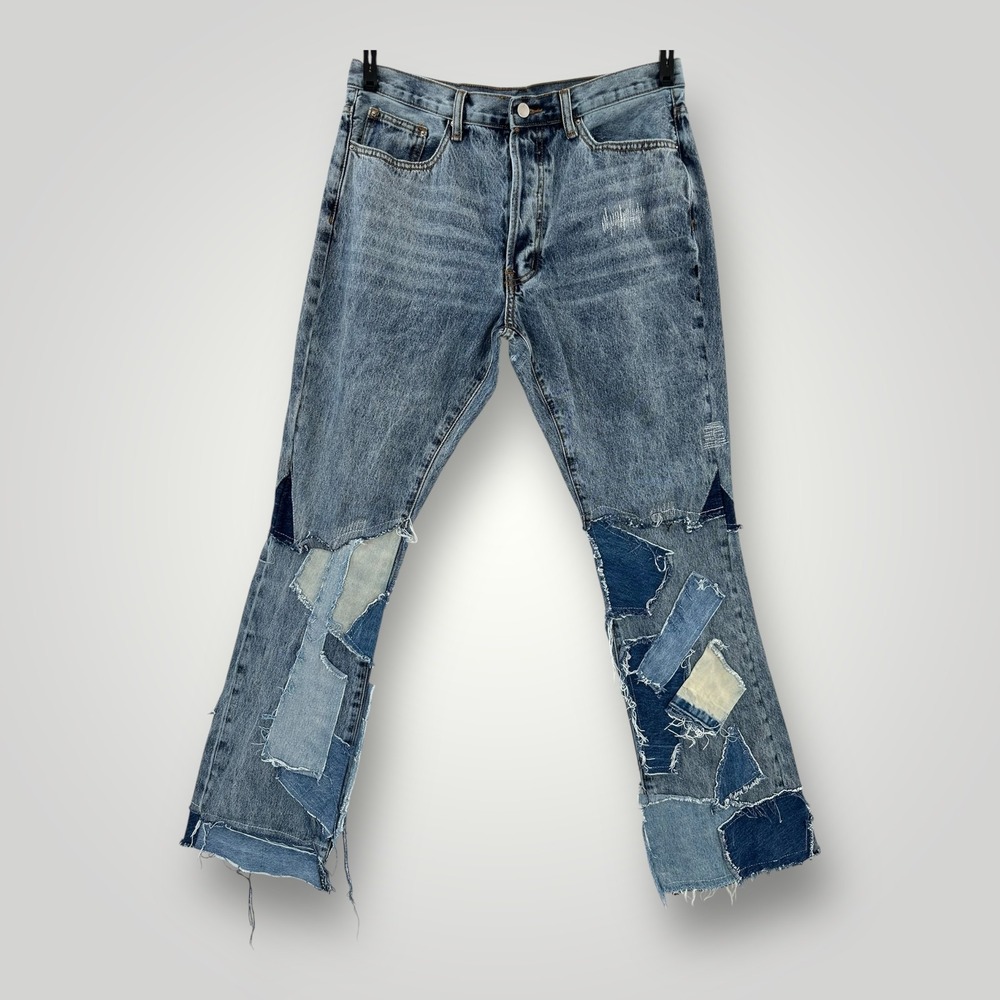 mnml Jeans Mens 34 Patchwork Distressed Flare Denim Button Fly Raw Hem Pants